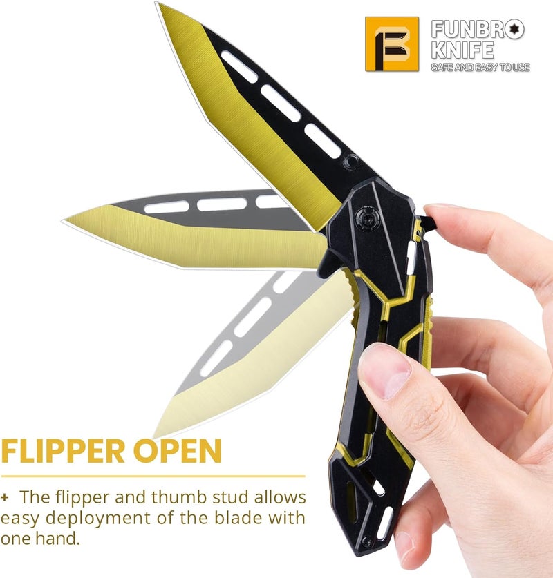 FUNBRO Pocket Knife for Men, Cool Folding Knife with 3.4” Stainless Steel Sharp Blade, Flipper Open EDC Knives with Clip for Outdoor Camping Hiking, Gifts for Dad Him Husband (Gold) - Image 4
